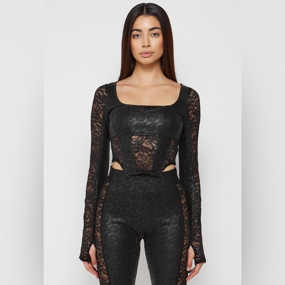 MANIERE DE VOIR VEGAN LEATHER & LACE LEGGINGS & BUSTIER TOP SET - BLACK - US0 - Picture 2 of 10
